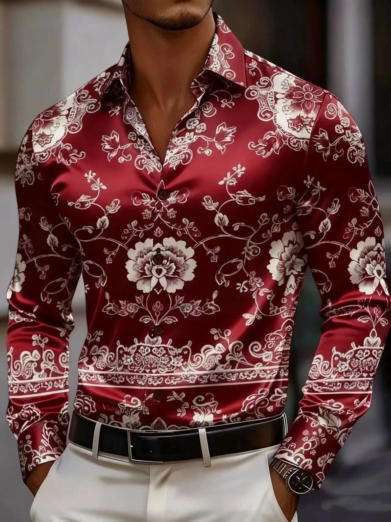 Men's floral print ethnic style floral long sleeved shirt, retro vacation daily clothing, spring collar casual button up shirt