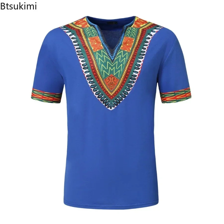 2026 Men's African Traditional Clothing Men Dashiki Short Sleeve T-shirt Fashion V-neck Printed Ethnic Style Casual Tops for Men