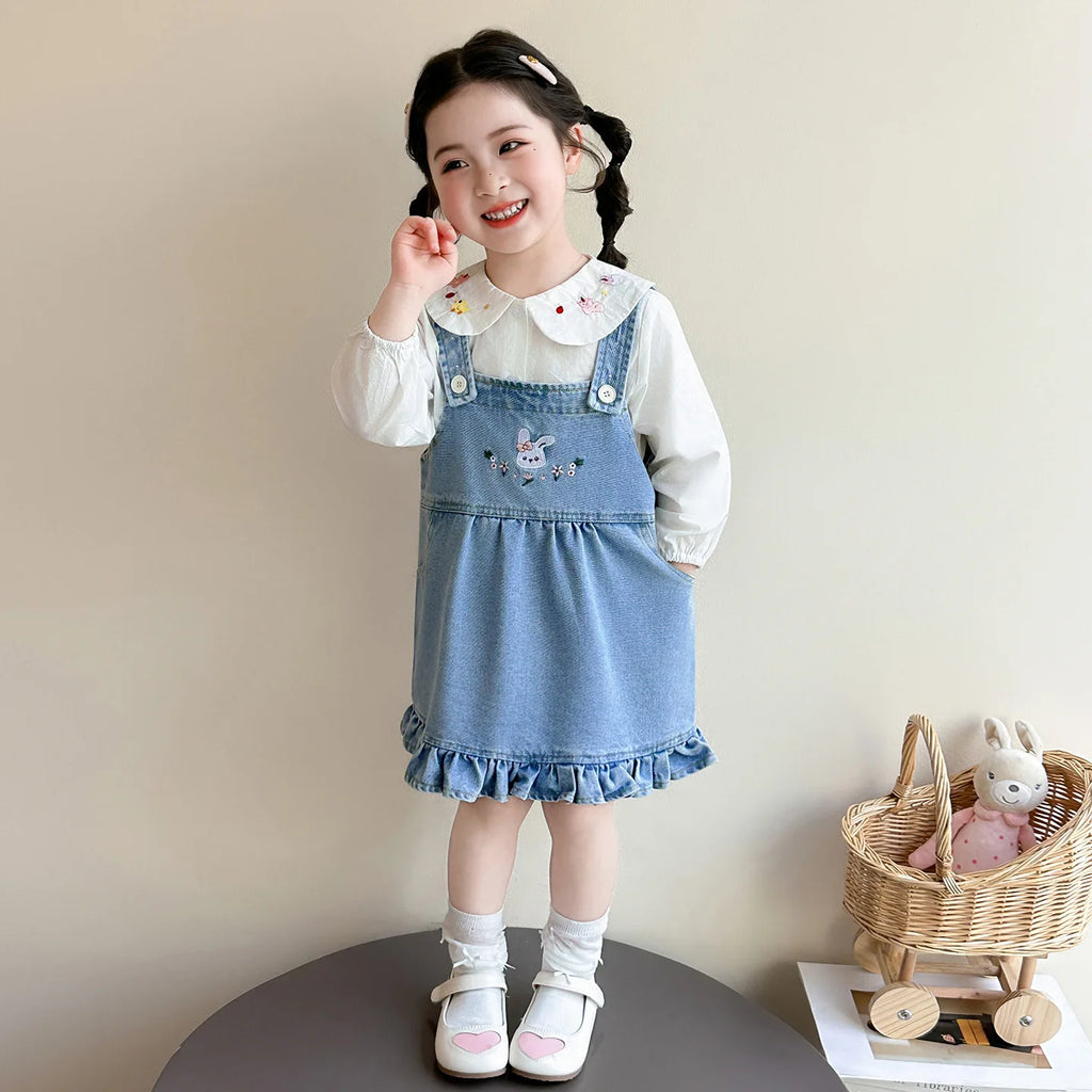 Girls Shirt Set Spring 2026 New Foreign Style Two-piece Set Baby Denim Strap Skirt