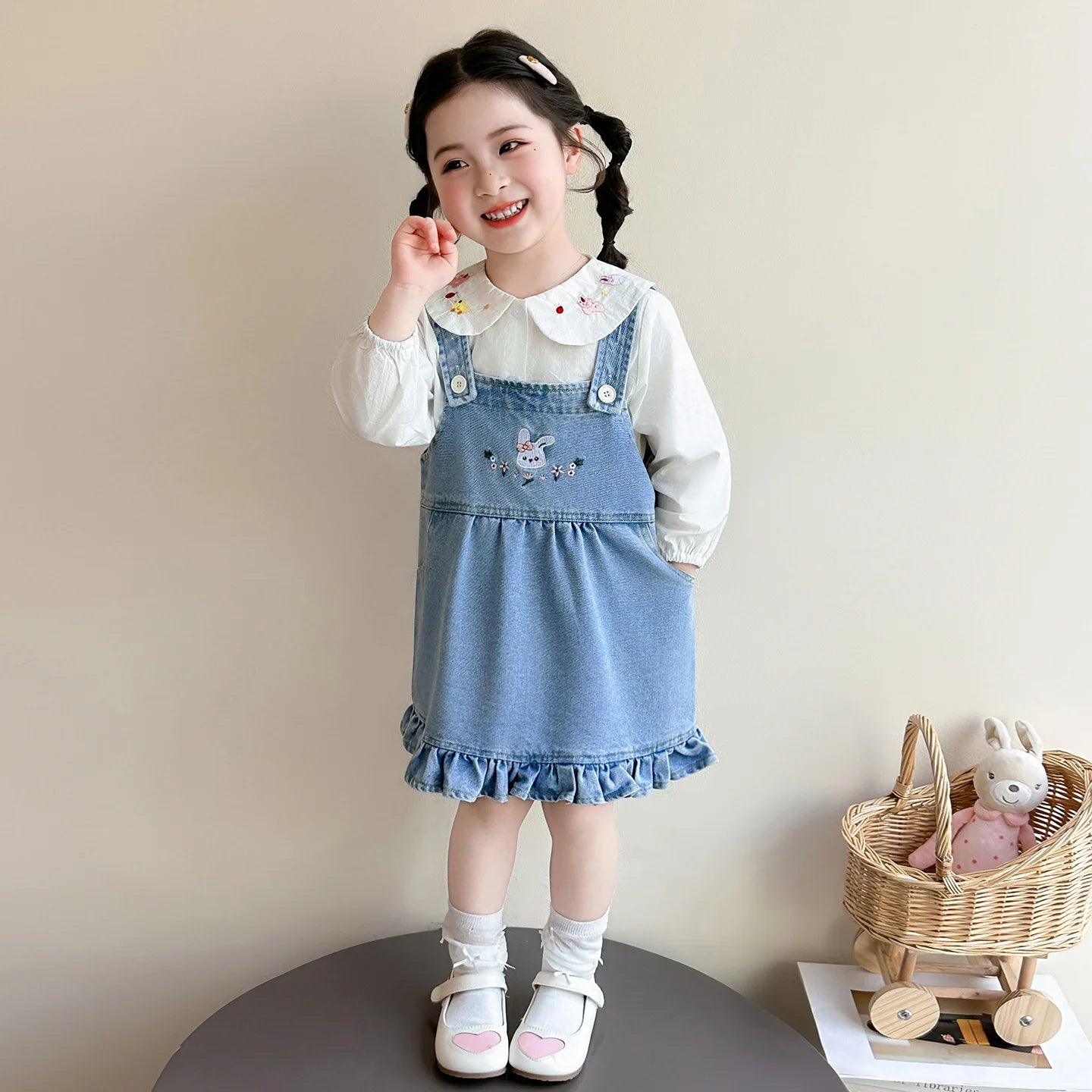Girls Shirt Set Spring 2026 New Foreign Style Two-piece Set Baby Denim Strap Skirt
