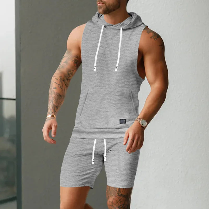 2026 Men's Casual 2 Piece Set Fashion Jacquard Knitted T-shirt Hooded Sleeveless Vest Elastic Waist Shorts Jogging Fitness Suit