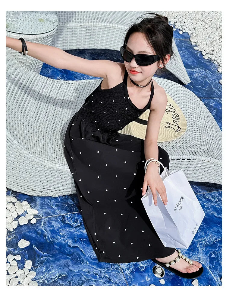 teenage girls dress design sense cross tie polka dot camisole princess dresses summer junior backless long skirt prom dresses 12