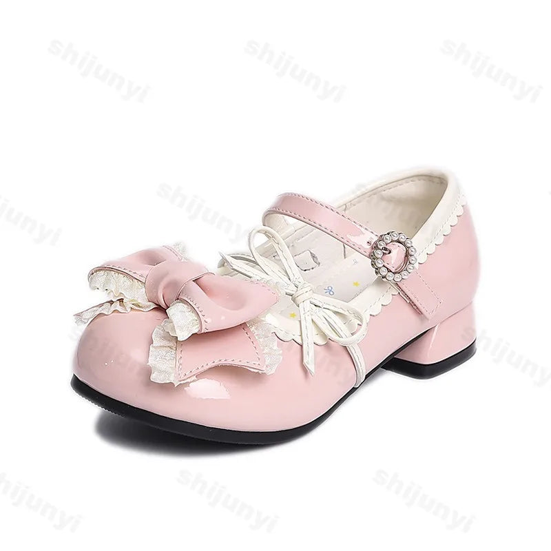 Girl Princess Shoes Spring 2026 New Bow French Heels Leather Shoe Sweet Lolita Party Dress Shoes Children's Mary Jane Size 26-36