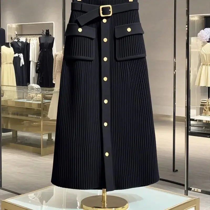 Elegant Office Lady High Waist Wrapped Knitted Skirts Autumn New Fashion Single Breasted Slim Temperam Wool Midi Skirt