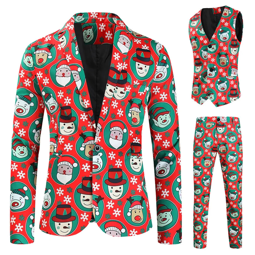 New Men's 3 Piece Christmas Sets Blazers+Vest+Pants 2026 Xmas Printed Men Suit Set Party Stage Dress Up Style Costume Streetwear
