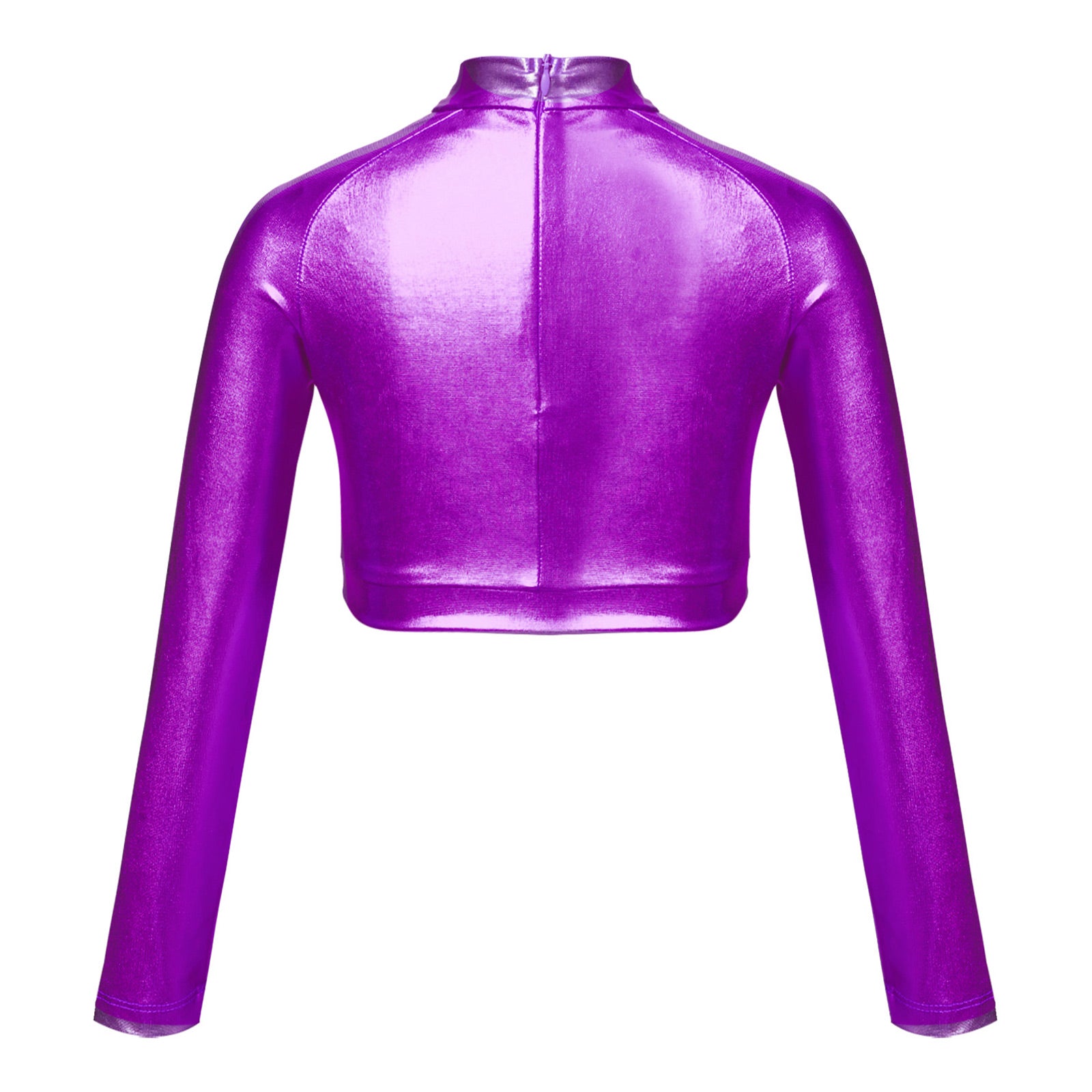 Kids Girls Shiny Metallic Crop Top Mock Neck Long Sleeve Front Sequin Fully Lined Athletic T-Shirts Jazz Hip-hop Dance Tops