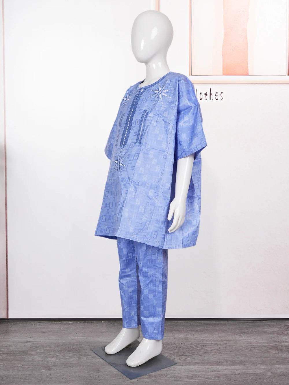 H&D New African Tradition Clothes For Kids Boys Blue Long Sleeve Tops Embroidery Dashiki Robe Shirt Pant Child Set 2024