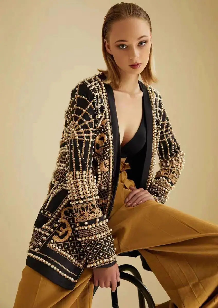 New Fashion Beaded V-neck Blazers for Women Streetwear Trendy High Quality Suit Jacket Coat Outerwear Female Clothing