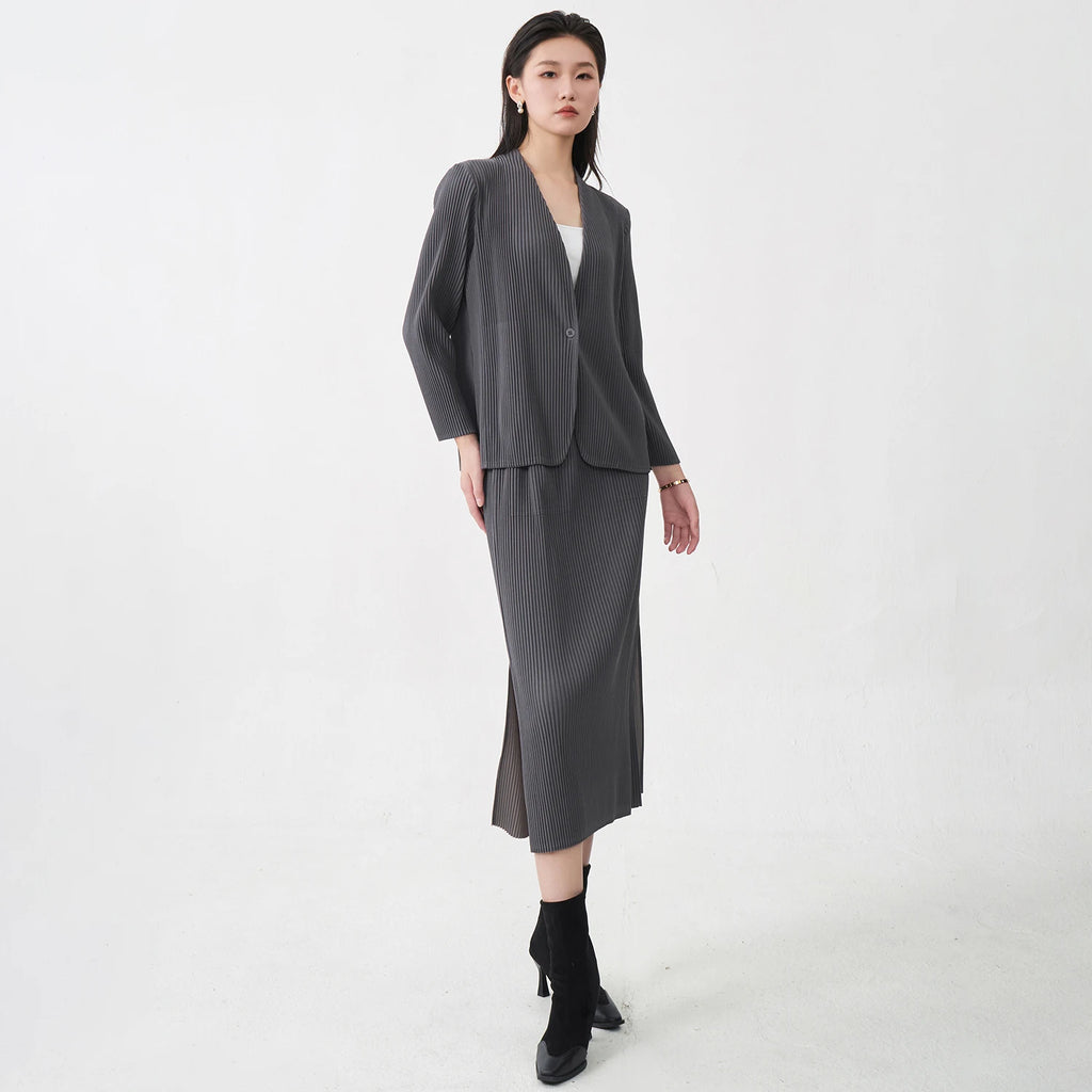Fast Shipping Women's Fashion Set High Quality Top and Skirt Two Piece Office Set Miyake Pleated Set