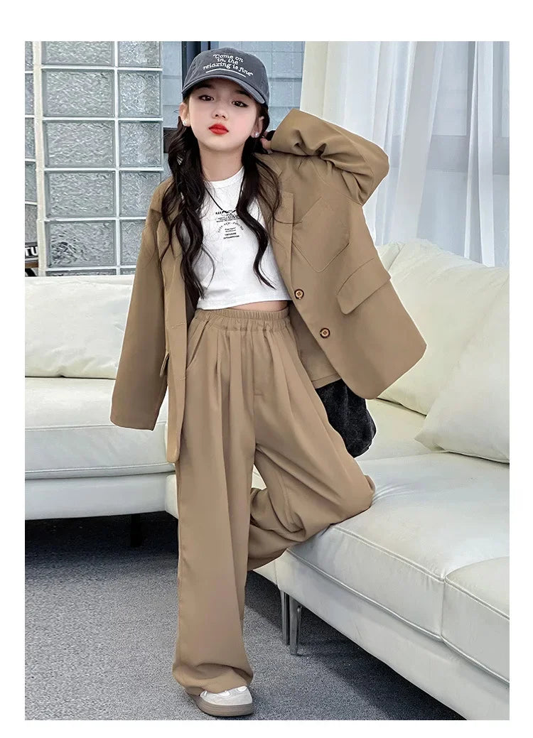 Girls Blazer Set Spring Autumn Fashion Loose Fit Jacket Trousers 2-Piece Kids Casual Outfit Trendy School Children Clothes Suit