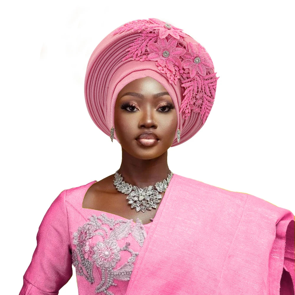 Elegant African Autogele Women's Turban Cap Nigeria Wedding Gele Ready to Wear Headtie with Embroidery Lace Party Headwear