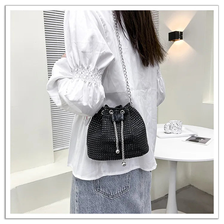 Women Luxury Shoulder Bag Solid Color Rhinestone Glittering Satchel Bag Drawstring Shinny Sling Purse Dinner Party Bag