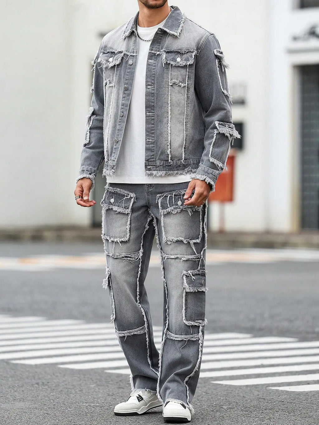 Men's Street Style Casual Distressed Raw-Hem Grey Denim Set, a minimalist and fashionable two-piece ensemble.