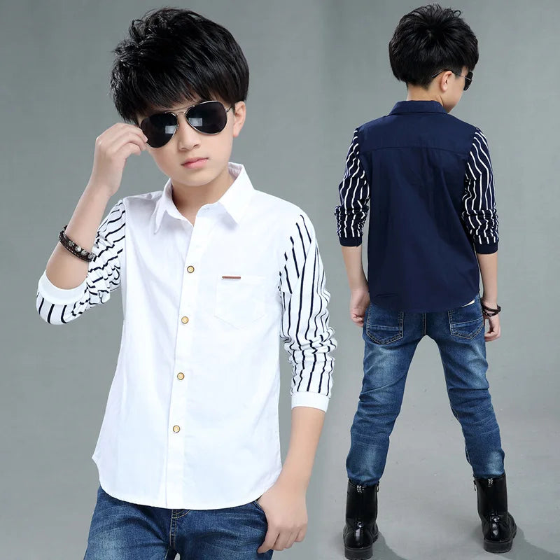 Boys Blouses And Shirts Children's Stripe Top 2024 Spring Autumn Casual White Polo Shirts Teenager School Brand Outerwear Cotton