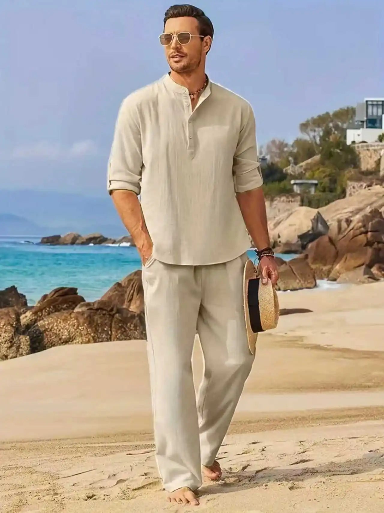 Men's White Linen Suit Set Long Sleeve Henley Shirt and Elastic Waist Pants Two Piece Outfit Summer Casual Comfortable