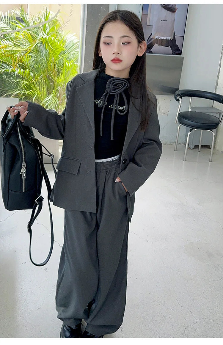 8 10 12 14 teenage Girl suit set Blazer+Wide leg pants 2pcs junior kid clothes suits children clothing girls outfit sets Costume