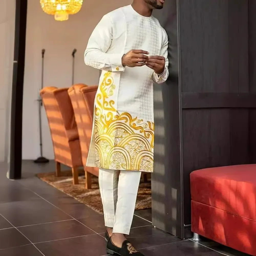 2 Piece African Clothes for Men Spring Fashion African Long Sleeve Top Long Pant Matching Sets Outfits Dashiki African Clothing