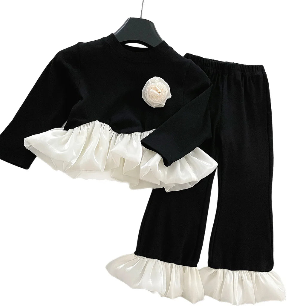 Girls 2 Piece Autumn 2025 New Long Sleeve Lace Solid Color Simple Fashionable Top Childrens Pants Baby Girl Set