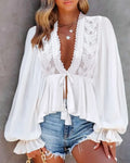 Blouses Women Fashion 2025 Spring Casual Solid Tops Sexy Plunge V-Neck Lace Patch Frill Hem Ruched Lantern Sleeve Top Lady Shirt