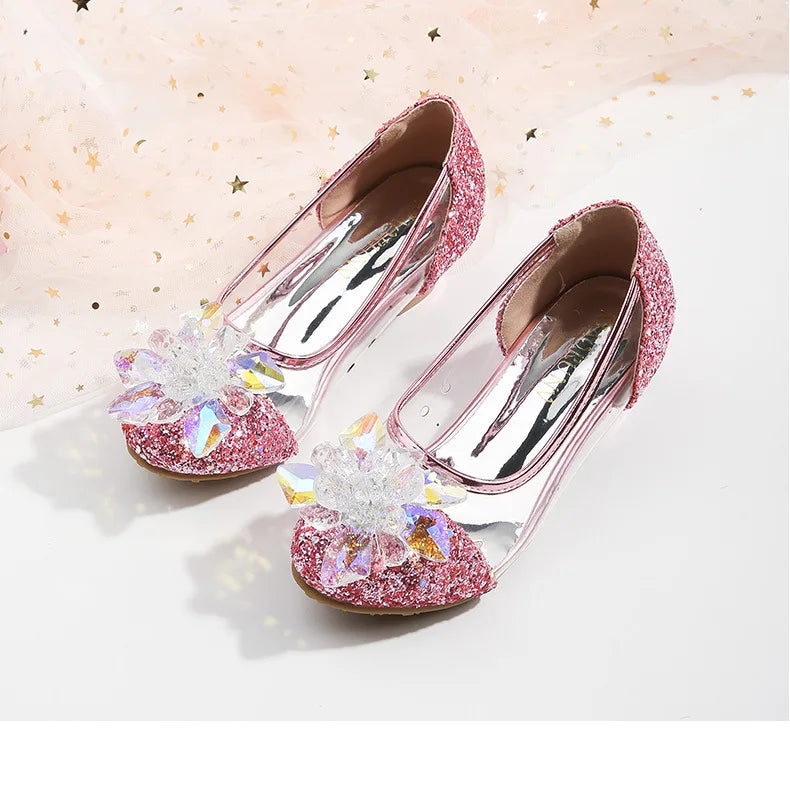 Pink Blue Princess Dance Shoes for Girls Low Heels for Kids Birthday Party Glitter Crystal Diamond Shoe Child Gown Leather Shoes