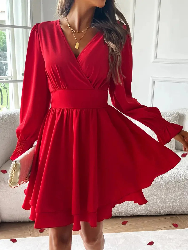 Summer New Dresses 2026 Woman Clothing V-Neck Lantern Sleeve Wrap Mini Dress Ruched Waisted Dress Elegant for Spring Party Dress