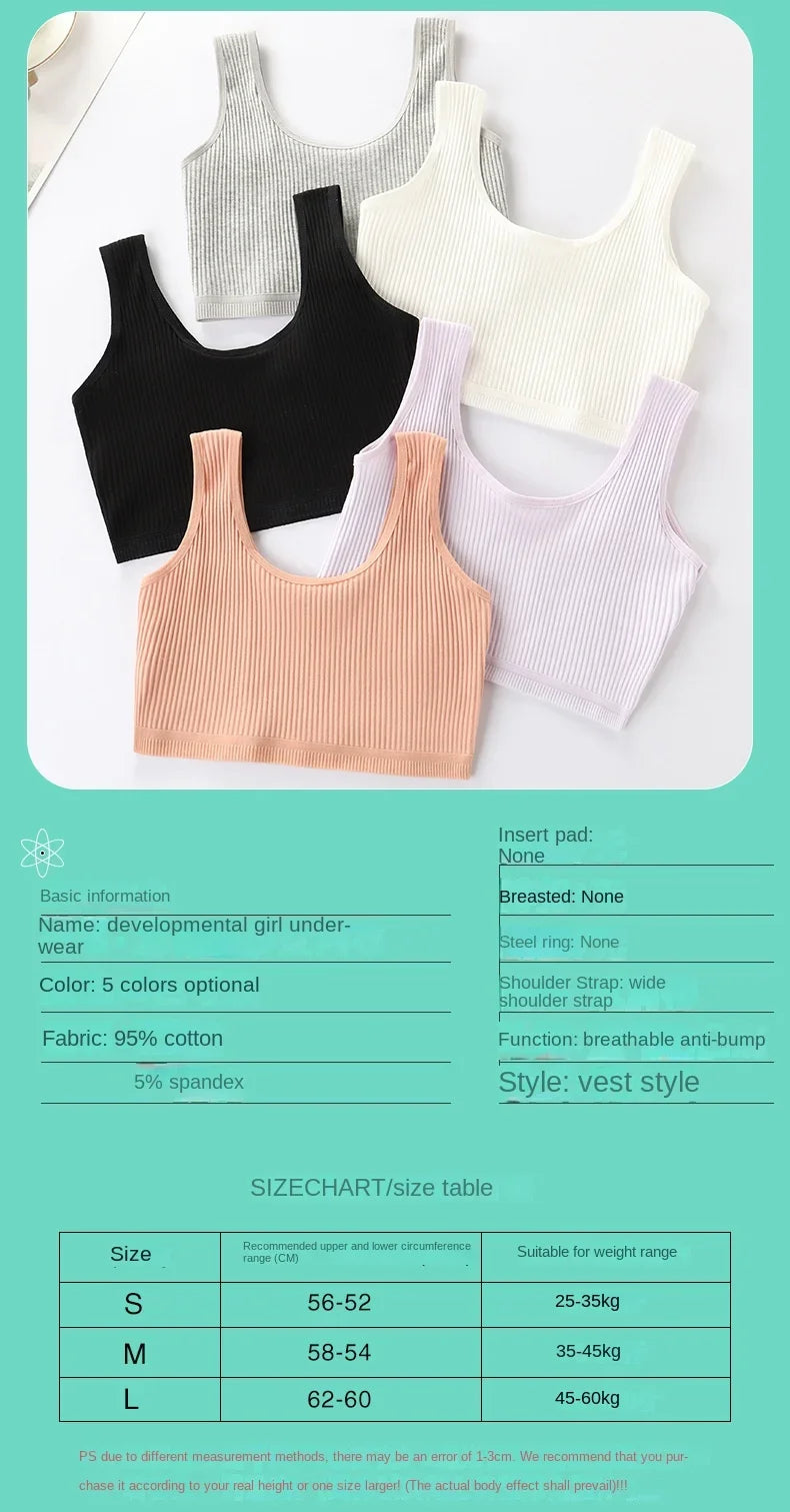 Girls Bra Crop Tops for Teens Underwear Breathable Kids Sports Training Bras Children Soft Cotton Teenager Clothing