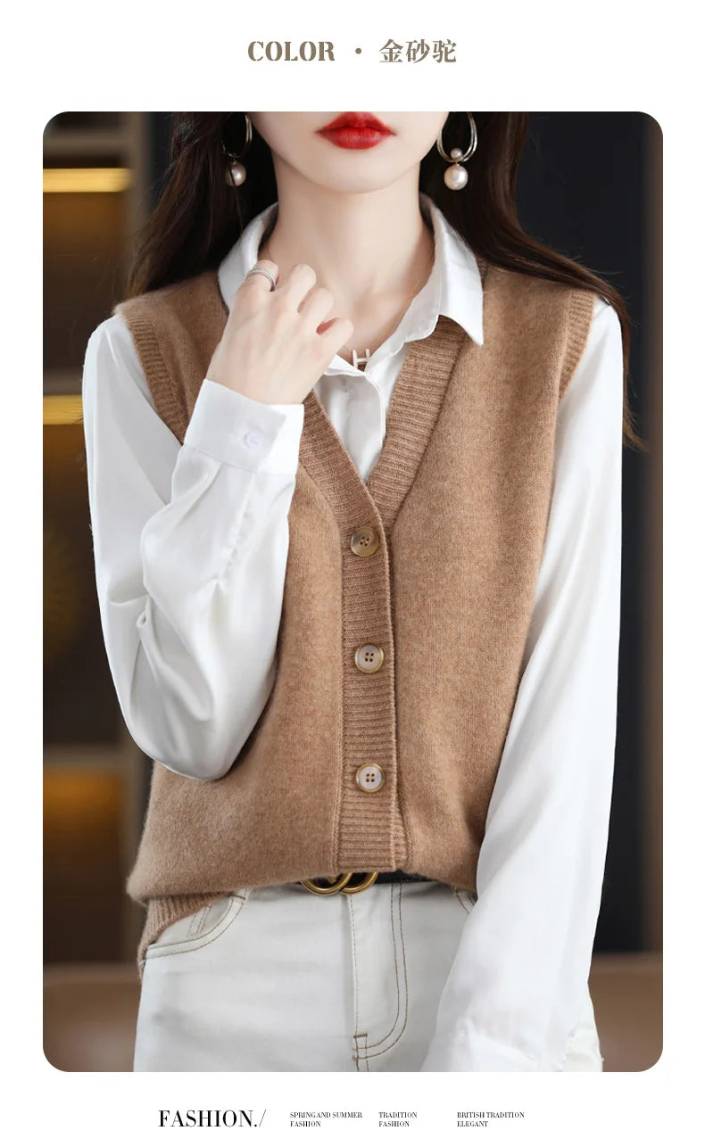 Girls Wear New Women's Loose High-End Waistcoat Knit Vest Wool V-Neck Solid Color Button Sleeveless Fashion Coat Cardigan Trend
