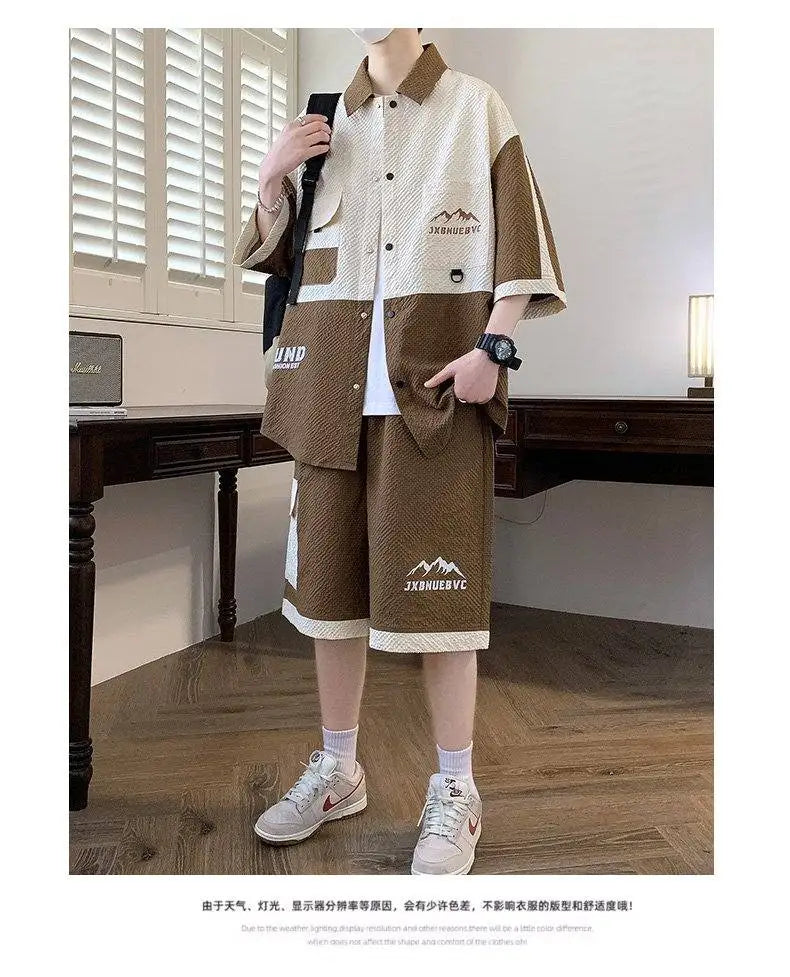 Men's 2 Piece Matching Set Short Sleeve Button Down Shirt + Cargo Shorts Textured Color Block Outfit Loose Fit Summer Lounge Set
