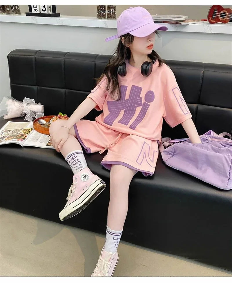 Girls T-Shirts Sets Clothes Kids Short Sleeve Tops+Shorts 2Pcs Children Clothes Suits Teen Loose Casual 2025 Outfits 5-14 Years
