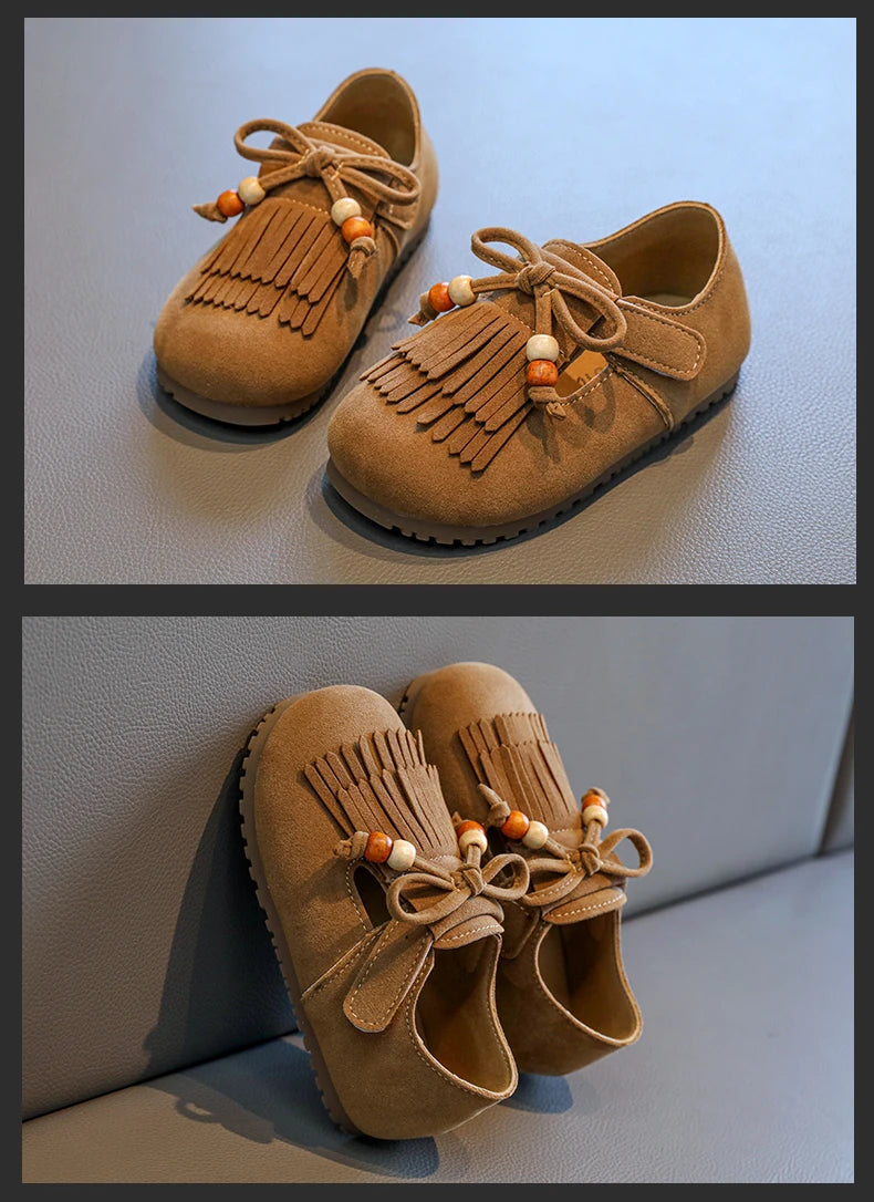 Girls' All-inclusive fringed Boken shoes 2025 Autumn Edition Soft-soled little girl princess Shoes Children's Bean single shoes