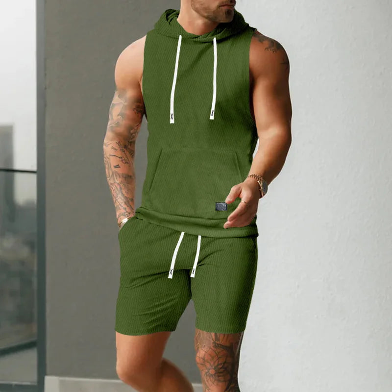 2026 Men's Casual 2 Piece Set Fashion Jacquard Knitted T-shirt Hooded Sleeveless Vest Elastic Waist Shorts Jogging Fitness Suit