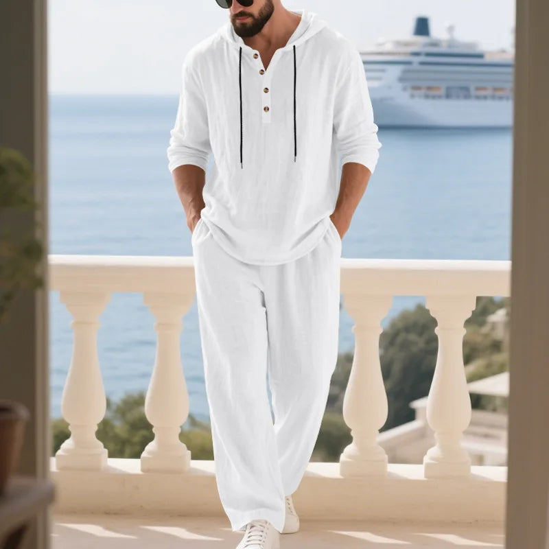 Men's Linen Hooded Sets 2 Piece Outfit Summer Casual Long Sleeve Hoodie and Wide Leg Pants Set for Men