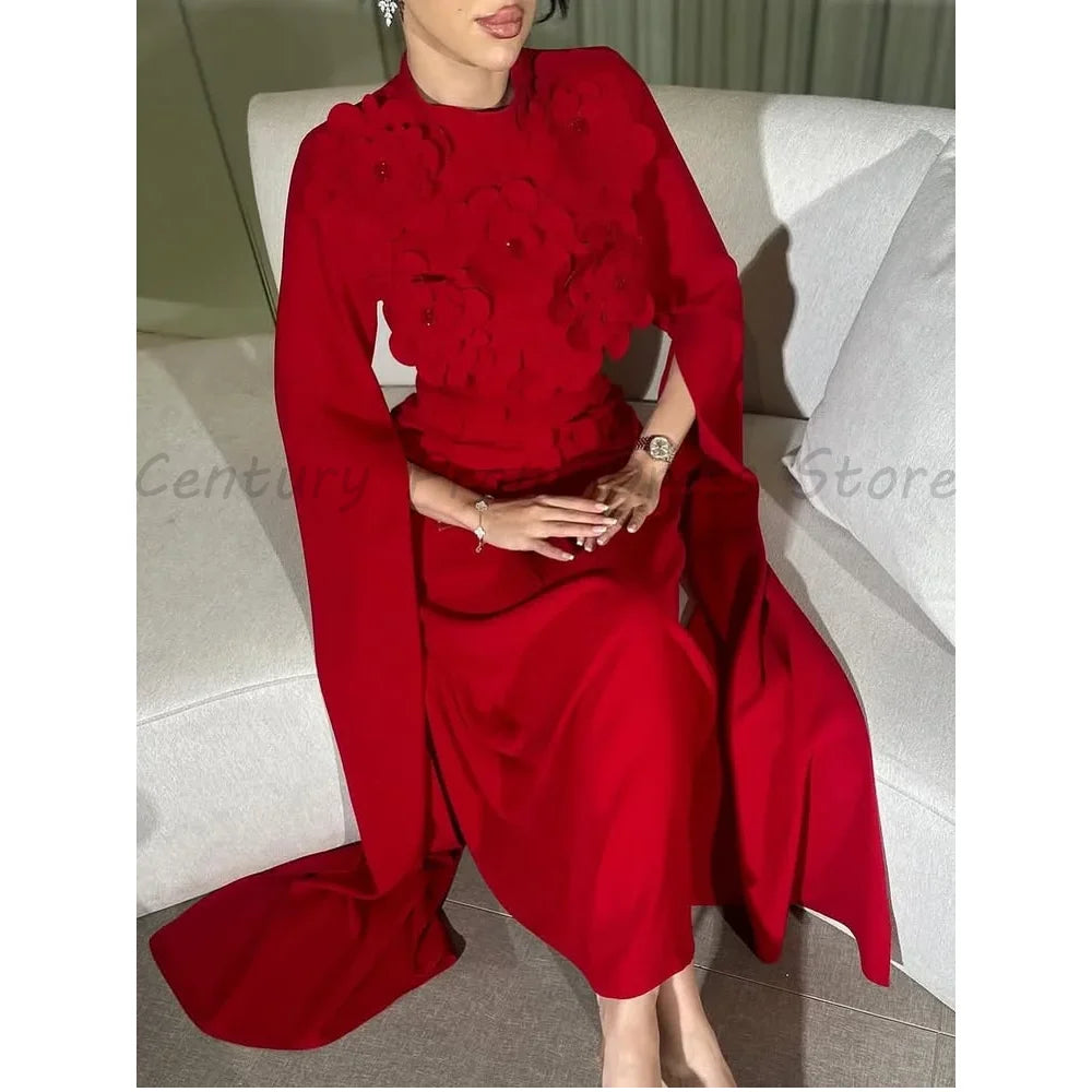Red High Neck Evening Dress Luxury 3D Flower Cape Sleeve Ruched Waist Sheath Mermaid Formal Prom Gown For Women