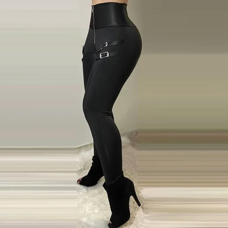 Ladies Black Leggings Trousers High-Waisted Casual Tight Pants Zipper Buckle Design Solid Color Female Cropped Trousers
