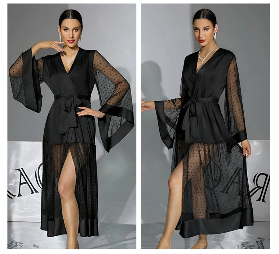 Summer Women Sexy Mesh Maxi Dress V-Neck Belted Polka Dot Sheer Robe Flare Sleeve Party Wedding Nightgown Beach Cover Up Vestido