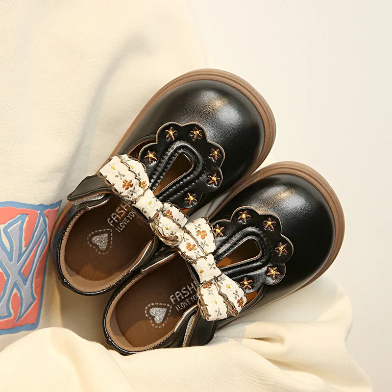 Cute bow Leather Girls Shoes 2025 New T-strap Oxfords Spring Kids Soft Shoes For Girl School Children Princess Dress Shoes