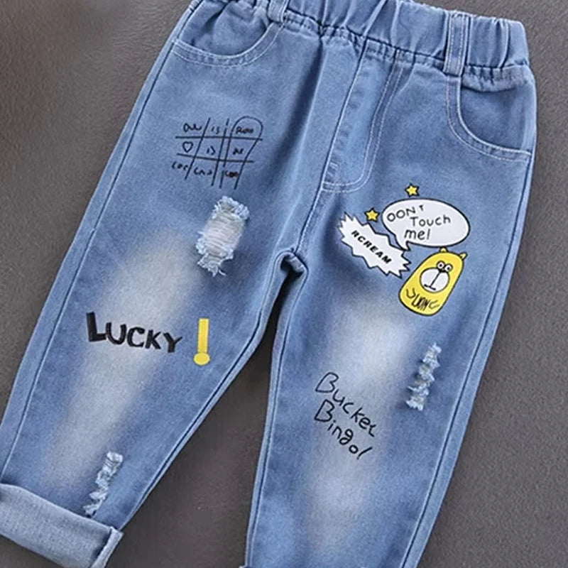 Children Jeans  Boys Cotton Print Splice Stretch Denim Pants Korean Teenage Trousers Wear Kids ClothingDenimRipped Spring Autum