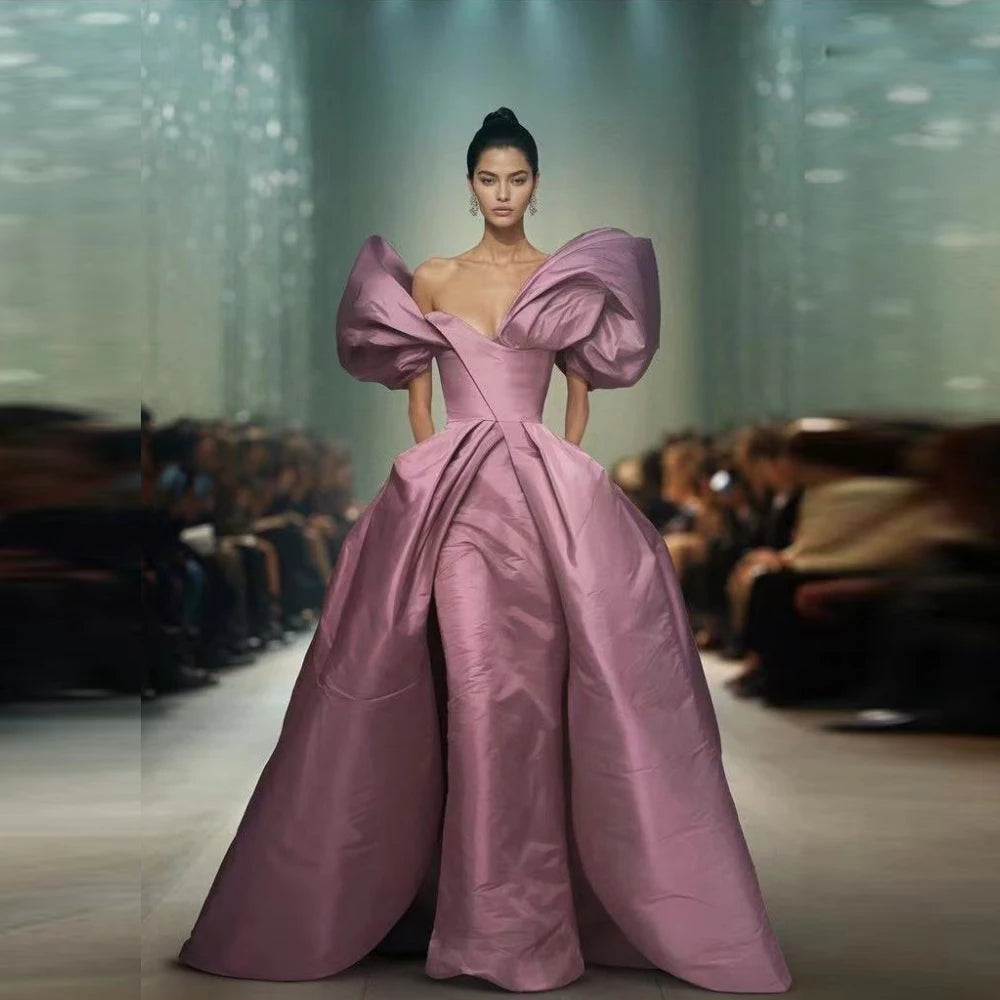 High Couture Dusty Pink Prom Gowns Tiered Shoulder Long Formal Dresses Half Sleeve Elegant Maxi Dress Women vestido de festa