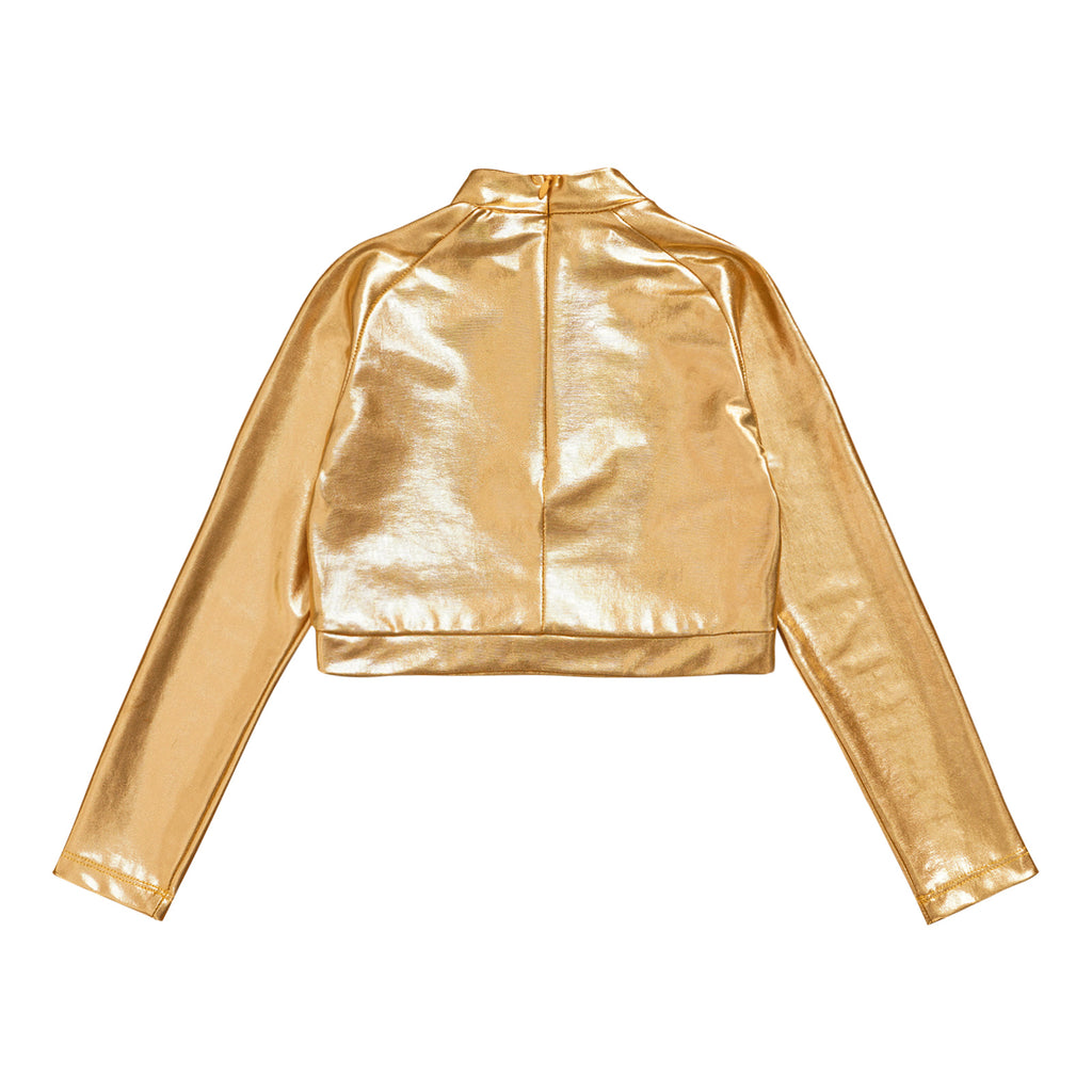 Kids Girls Shiny Metallic Crop Top Mock Neck Long Sleeve Front Sequin Fully Lined Athletic T-Shirts Jazz Hip-hop Dance Tops