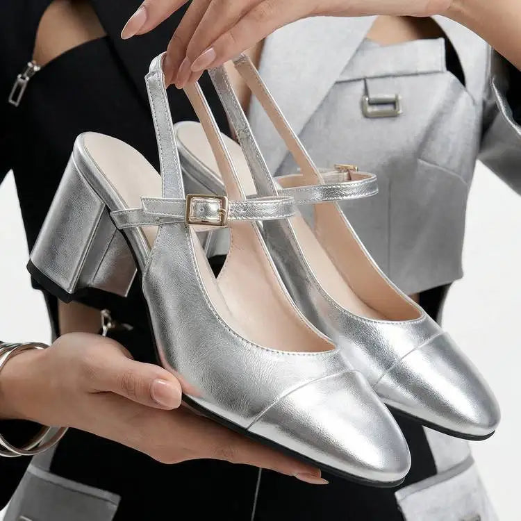 Mary Jane Colorful Leather Single Shoes Female Round Toe Back Empty Buckle Strap Women’s Sandals 7cm Chunky High Heels Office DE