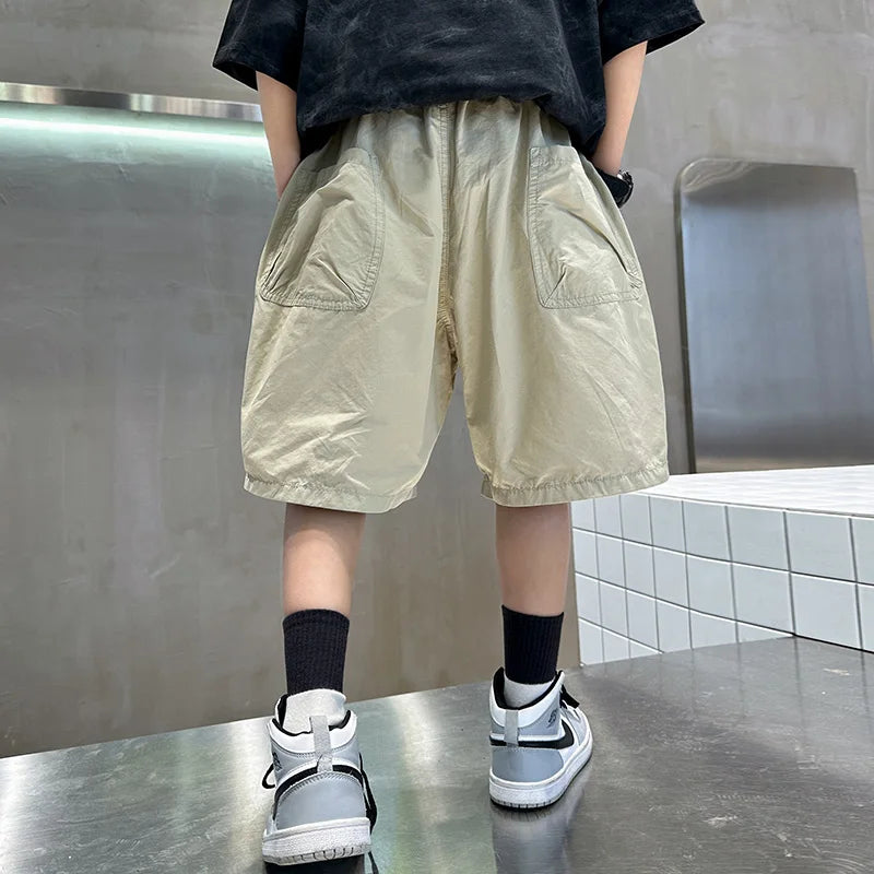 Kids Casual Solid Color Cargo Shorts for Tween Boys Khaki Black Summer Shorts Teenage Child Brief Knee-Length Pants Age 5-14Y
