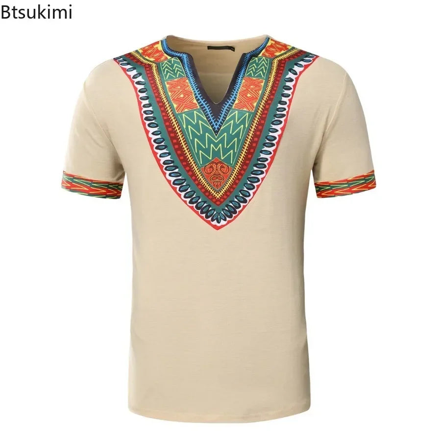 2026 Men's African Traditional Clothing Men Dashiki Short Sleeve T-shirt Fashion V-neck Printed Ethnic Style Casual Tops for Men