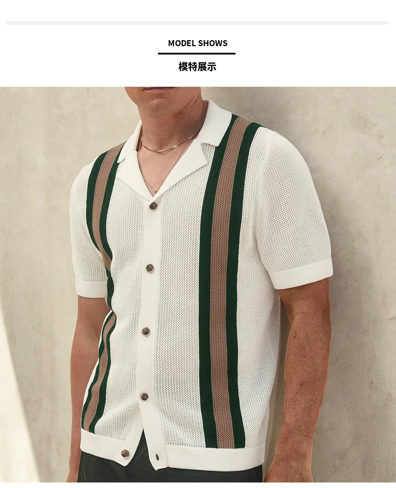 Summer New Knitted Shirts for Men Fashion Cuban Collar Business Casual Social Polo Shirts Knit Cardigans Men Clothing Streetwear