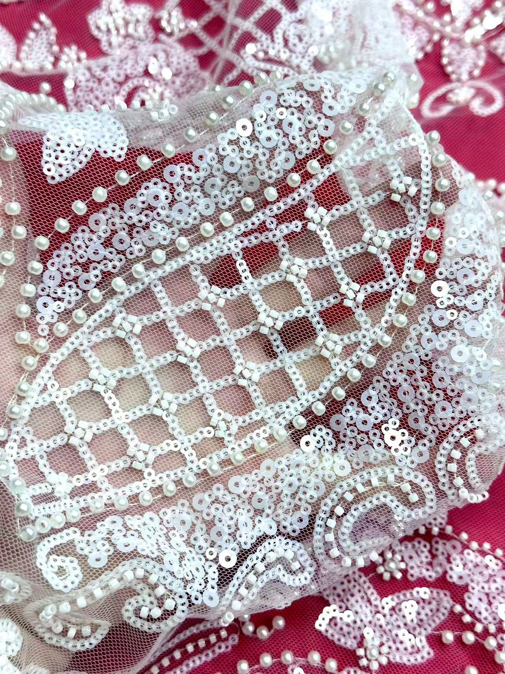 African Tulle Lace Fabric French Sequins Fabric Sewing Embroidery With Beads Lace Tulle Mesh Nigeria Dress 5 Yards sewing SZ1682