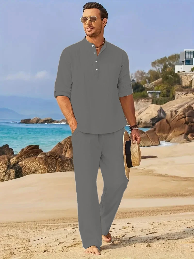 Men's White Linen Suit Set Long Sleeve Henley Shirt and Elastic Waist Pants Two Piece Outfit Summer Casual Comfortable