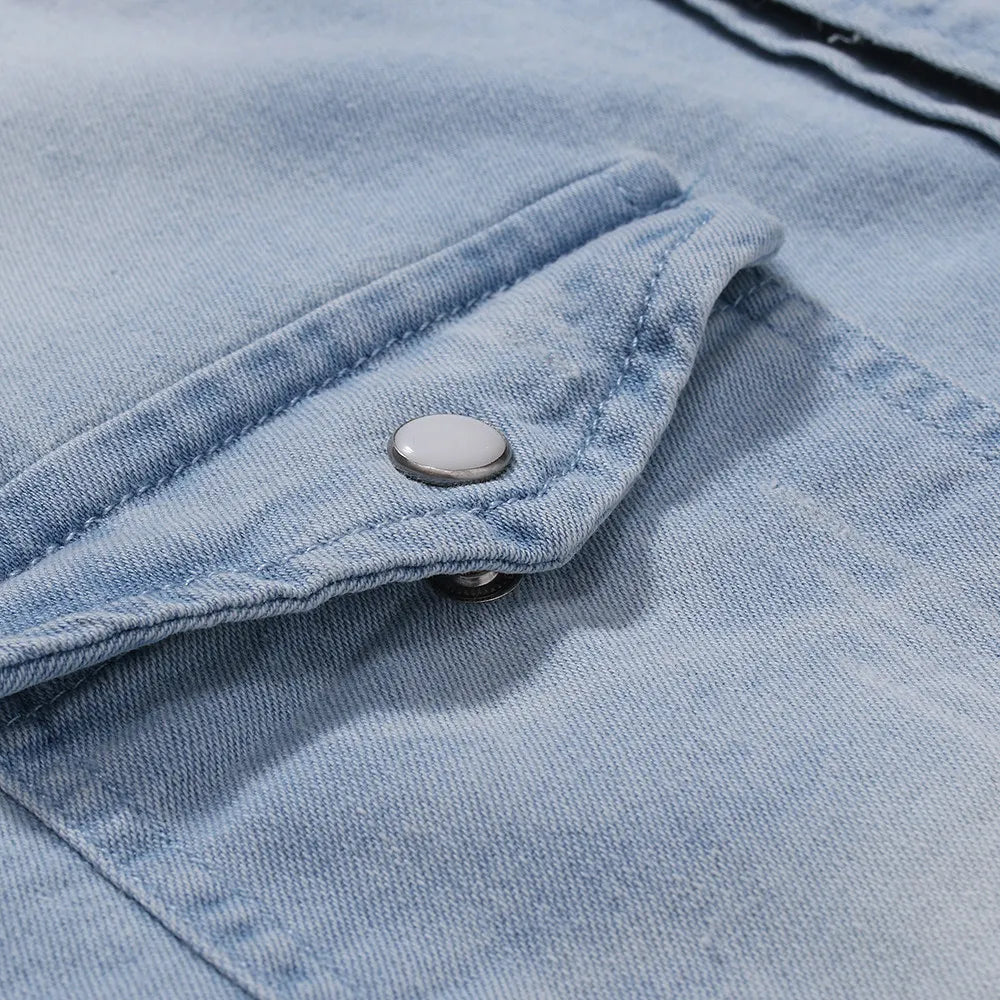 Men's Denim Short Sleeve Shirt Summer American Casual Workwear Style Fashion Jean Shirt Breathable Daily Wear Summer Clothing