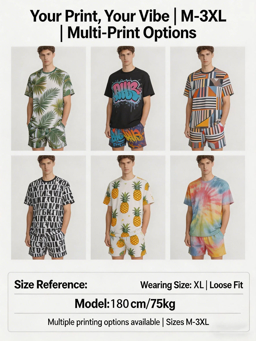 Summer Men's 2-Piece Print Set Casual Loose T-Shirt & Elastic Waist Shorts Outfit
