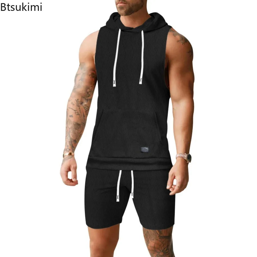 2026 Men's Casual 2 Piece Set Fashion Jacquard Knitted T-shirt Hooded Sleeveless Vest Elastic Waist Shorts Jogging Fitness Suit