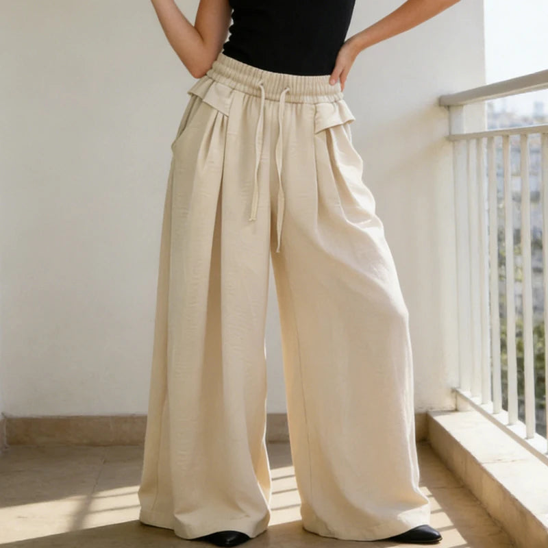 Women's Trousers New Fashion Solid Color High Waist Lace Up Thin Women's Wide Leg Pants Simple Drape Loose Casual Female Pants