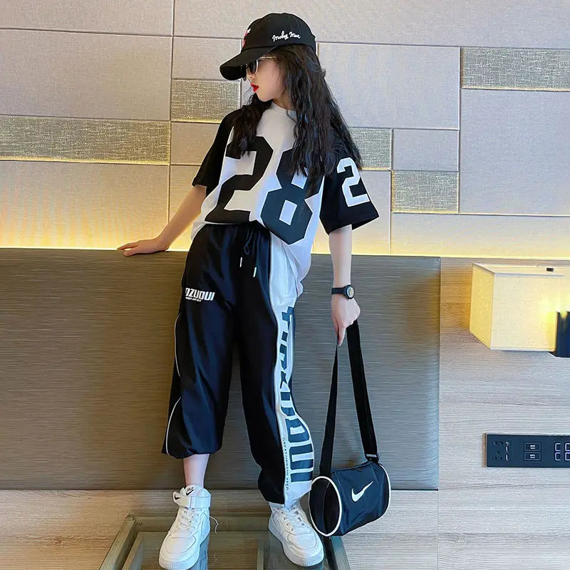 Girls Summer New Fashion Sports Cotton 2pcs T-shirts+Pants Suits 5-14 Years Teenage Girls Hiphop Oufits Tops Sets Kids Clothing